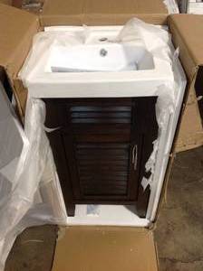 lot 3 image: Home Decorators Digby 18 in. W x 14 in. D Bath Vanity in Rustic Walnut with Ceramic Vanity Top in White with White Basin see pictures