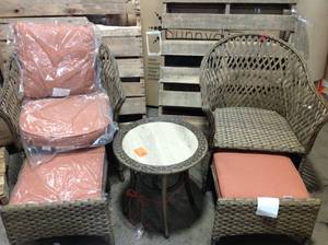 lot 13 image: Wicker Chat Patio Set - Missing Cushions for one of the Chairs see pictures