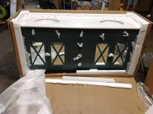 lot 44 image: Barcelona 73 in. W x 22 in. D Double Bath Vanity in Teal Blue with China White Marble Top and White Sink see pictures