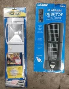 lot 97 image: New in box  Folding task light and Desktop oscillating fan