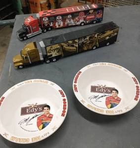 lot 106 image: Nascar Hotwheels Semi Trucks and 2 Jeff Gordon cereal bowls