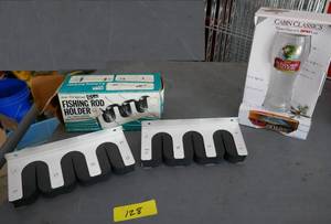 lot 128 image: New Fishing Rod holder and Rapala Lure and glass