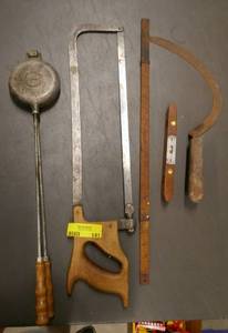 lot 141 image: Vintage egg maker, saw, sliding ruler, level and scythe