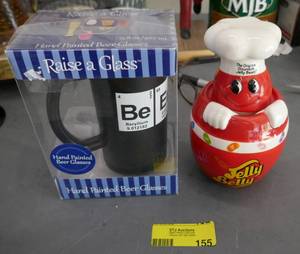 lot 155 image: Beer glass and Jelly Belly jelly bean candy jar