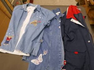 lot 170 image: CJ Banks blue jean shirts and nice rain jacket, Lg, xl, Jogging set, windbreaker jacket, sweater, lined flannel shirt and sweatshirt cardigan, all Large
