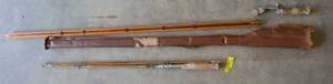lot 178 image: Vintage bamboo fishing rod made in tokyo 116, another one in leather case appears to be missing the bottom section of the rod