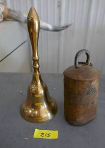 lot 215 image: One very old cowbell and a very large brass bell