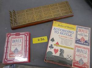 lot 232 image: Brass cribbage board and decks of cards