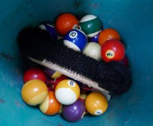 lot 242 image: Set of pool balls with triangle and brush