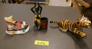 lot 252 image: 3 vintage pieces, Japan boy fishing with his dog, India dancer toothpick holder, and a Tiger