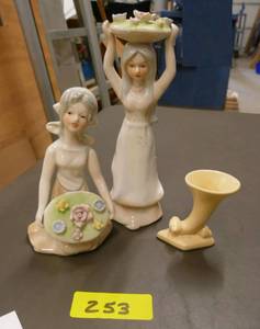 lot 253 image: 2 vintage porcelain women carrying flowers and a mini pottery piece numbered on the bottom