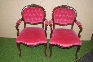 lot 10 image: Pair of Antique Wood Fauteuil Arm Chairs - Carved Details