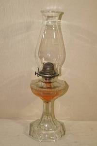 lot 23 image: Antique Oil Lamp - Beaded Chimney - Clear Glass Octagon Base