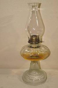 lot 25 image: Antique Oil Lamp - Beaded Chimney - Scovill Queen Anne 2 Burner
