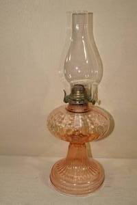 lot 26 image: Antique Oil Lamp - Pink Glass Base - Scovill Queen Anne 2 Burner