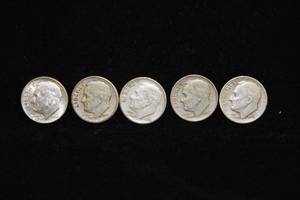 lot 40 image: 5 Roosevelt Silver Dime Coins