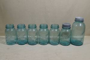 lot 68 image: 7 Vintage Blue Glass Ball Perfect Mason Jars - 2 Lids