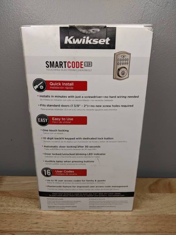 lot 31 image: Brand New Kwikset SmartCode 913 Satin Nickel Single Cylinder Electronic Deadbolt Featuring SmartKey Security