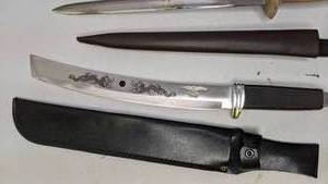 lot 937 image: Collection of (3) Knives with Sheaths (One marked Sekizo)