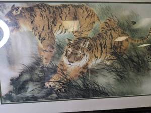 lot 983 image: Beautiful Framed Watercolor Tiger Print-Asian
