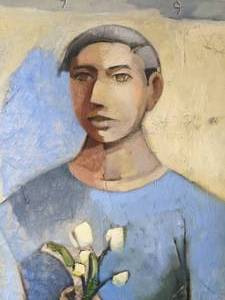lot 986 image: Whimsical Modern Art Portrait  - Man with Bouquet of Flowers