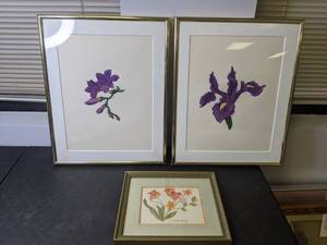 lot 971 image: Lot of (3) Framed Art Pieces Ruth Shany-Watercolor on Silk 2 Floral Still Life (Signed & Numbered)