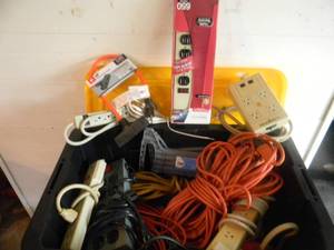 lot 22 image: LARGE TOTE FULL OF POWER STRIPS, EXTENSION CORDS & CORD WRAPS - SOME NEW - SEE PICTURES