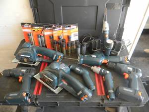 lot 34 image: TOTE FULL OF BLACK & DECKER VERSA PAK TOOLS (27PCS)WITH BATTERIES & CHARGERS - TESTED ALL WORKING - SEE PICTURES
