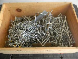 lot 39 image: LARGE WOOD CRATE FULL OF PEG BOARD HOOKS - VARIETY OF SIZES - SEE PICTURES