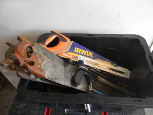 lot 41 image: LARED TOTE FULL OF HAND SAWS - SOME NEW - SEE PICTURES