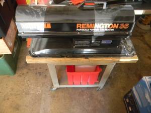 lot 42 image: REMINGTON 35 FORCED AIR SHOP HEATER ON WHEELED STORAGE STAND WITH READY HEATER 55,000 BTU & DYNA GLO 50,000 BTU SHOP HEATERS - SEE PICTURES