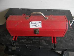 lot 56 image: METAL TOOL BOX WITH GUN CLEANING STUFF & MORE - SEE PICTURES