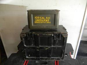 lot 57 image: AWESOME LARGE VINTAGE METAL AMMO CASE WITH 105 CAL. AMMO CASE - GREAT SET - SEE PICTURES
