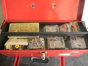 lot 58 image: LARGE METAL TOOLBOX FILLED WITH POWER FASTENERS - SEE PICTURES