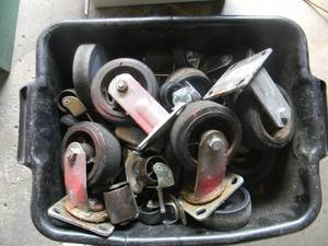 lot 80 image: 2 TOTES FULL OF HEAVY DUTY COASTER WHEELS & MANY MORE WHEELS & HANDLES - SEE PICTURES