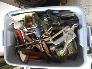 lot 84 image: LARGE TOTE FULL OF SHOP TOOLS & MORE - SEE PICTURES