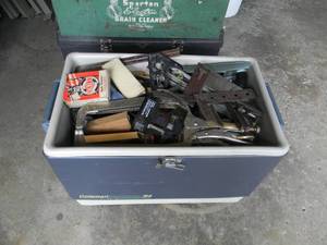 lot 88 image: VINTAGE COLEMAN COOLER FILLED WITH SHOP SUPPLIES - SOME NEW - SANDPAPER, SAW BLADES & MORE