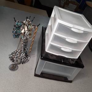 (2) Small Plastic Storage Container and Doll Style Jewelry Tree with Jewelry See Photos