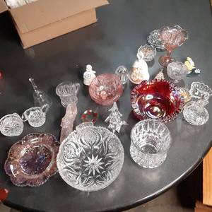 Box of Various Crystal and Colored Pink Glass Pieces