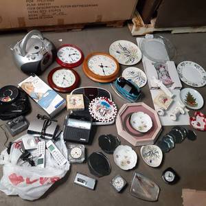Electronics & Home Decor Lot (Wall Clocks, Vintage Dishes, Serving Platter, Scale, Radio, Small CraftingDecorative Mirrors, Home Decor, & W.L. George Iris Quarlat Collector Plate