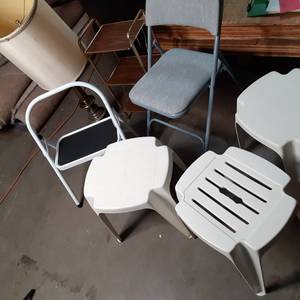 Vintage Table Lamp, Vintage 3-Tier Storage Stand, 3 pc. Plastic Side Tables, Step Stool, and Folding Chair See Photos