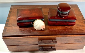 lot 440 image: Wooden Two Drawer Dresser Top Box and 3 Alabaster Trinket Boxes