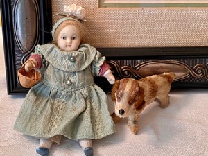 lot 190 image: Vintage Small Bisque Dolls and an Adorable Framed Print
