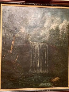 lot 13 image: Very Large Framed Antique Oil on Canvas Painting of Waterfalls
