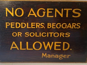 lot 313 image: Vintage Wooden Sign- No Agents Peddlers, Beggars or Solicitors Allowed Manager