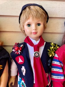 lot 366 image: Three Large Dolls with Camp Fire and Blue Bird Clothing