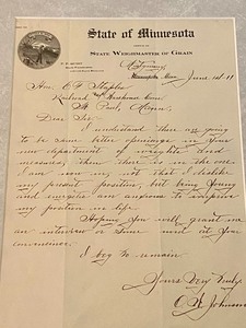 lot 338 image: Ephemera Antique Letter Dated 1911 on State of MN State Weighmaster of Grain
