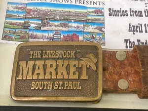 lot 413 image: Framed Livestock Stockyard Memorabilia including So. St. Paul Livestock Market Belt Buckle