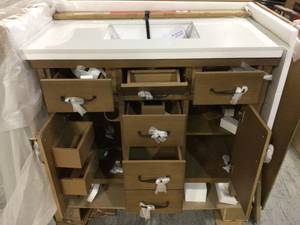 lot 43 image: Bellington 42 in. W x 22 in. D Vanity in Almond Toffee with Cultured Marble Vanity Top in White with White Sink by Home Decorators Collection