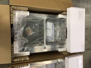 lot 44 image: Lot of 2 Tight Radius All-in-One Drop-InUndermount Stainless Steel 33 in. Double Bowl Kitchen Sink with Pull Down Faucet by Glacier Bay